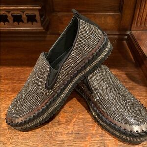 Ladies Black / Gold Bling Slip-On Loafers 7.5